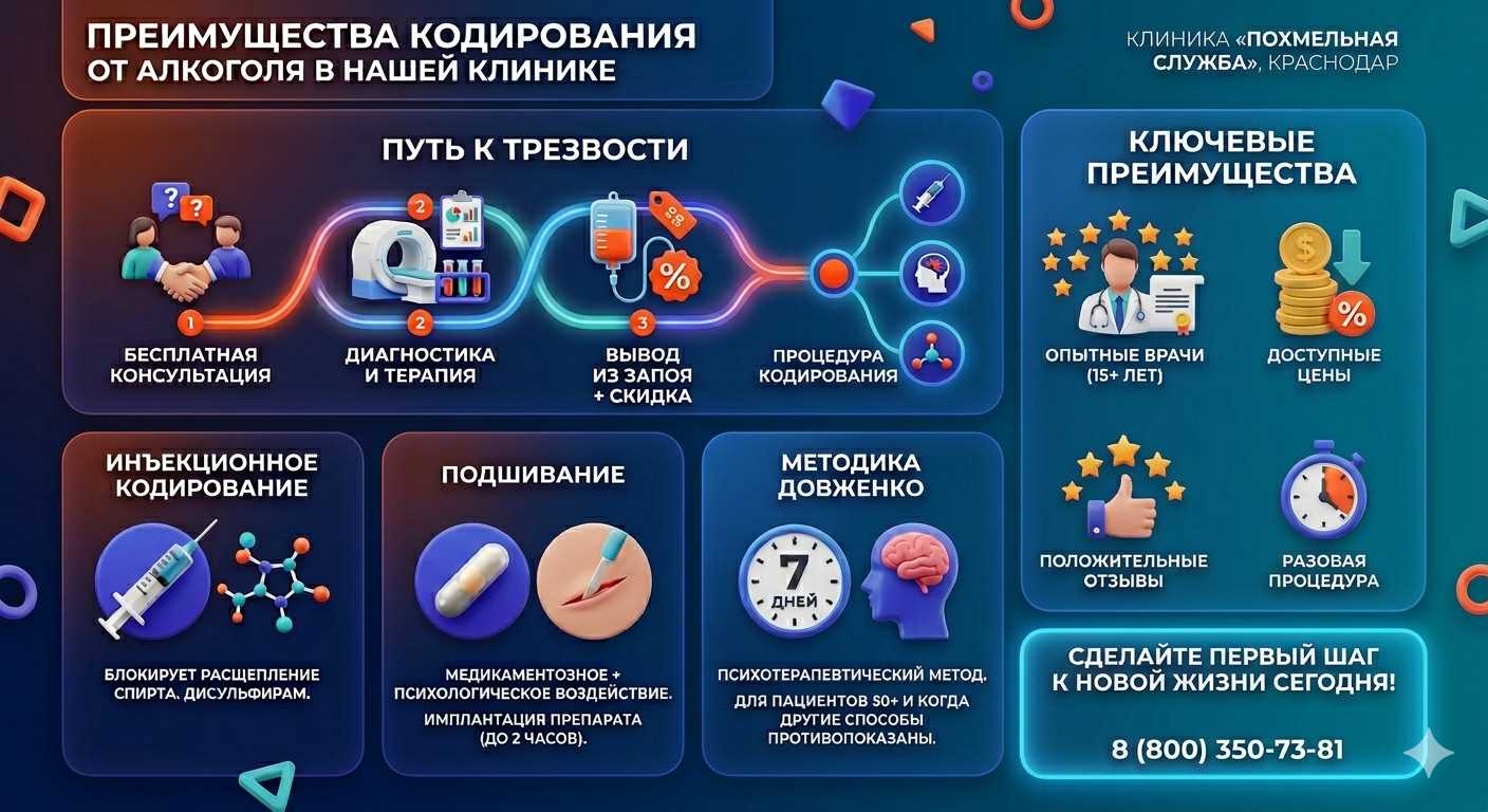 Инфографика о методах кодирования от алкоголя в Шадринске: инъекции, подшивание, метод Довженко. Преимущества клиники и этапы лечения.