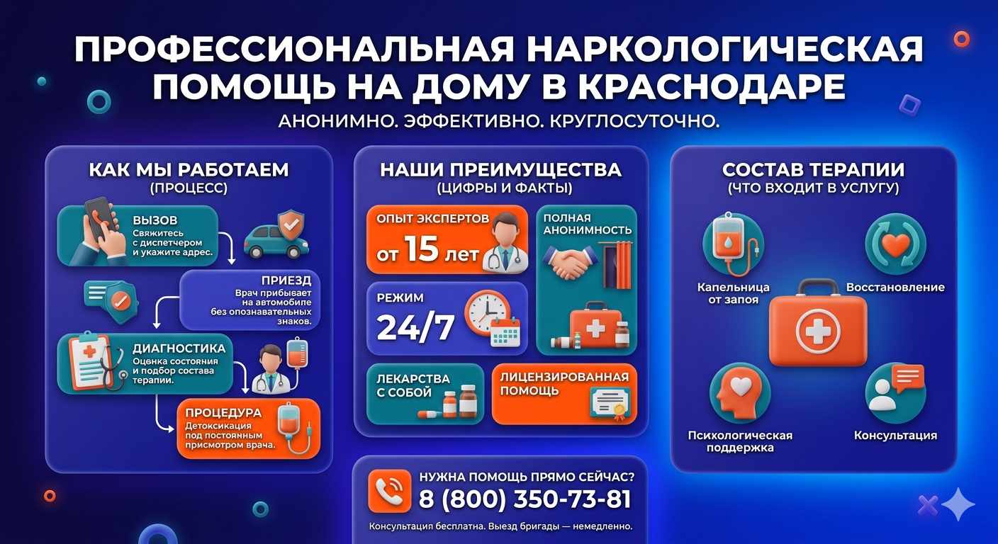 Инфографика о принципах лечения алкоголизма на дому в Шадринске: этапы вызова нарколога, преимущества анонимной детоксикации и состав медицинской помощи.